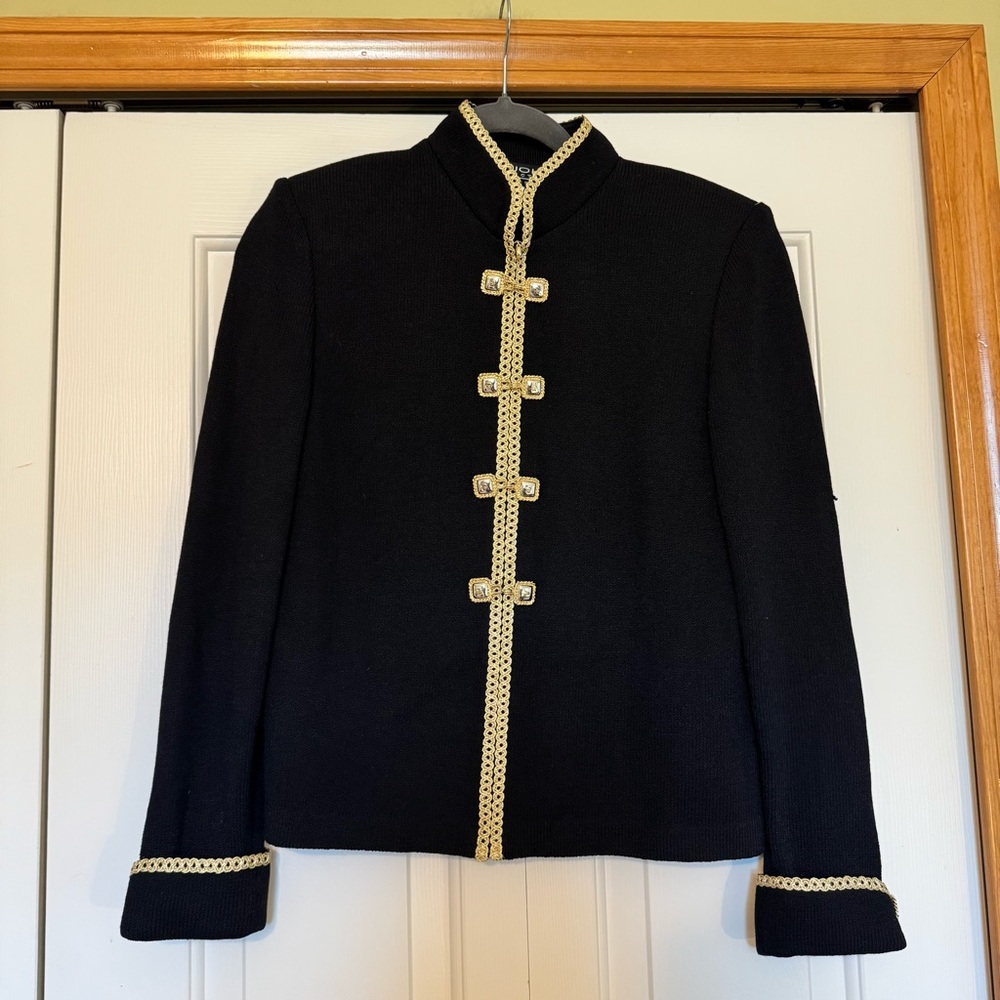 St.‎ John Collection Santana Knit Black Full Zip Cardigan Jacket With Gold Trim
